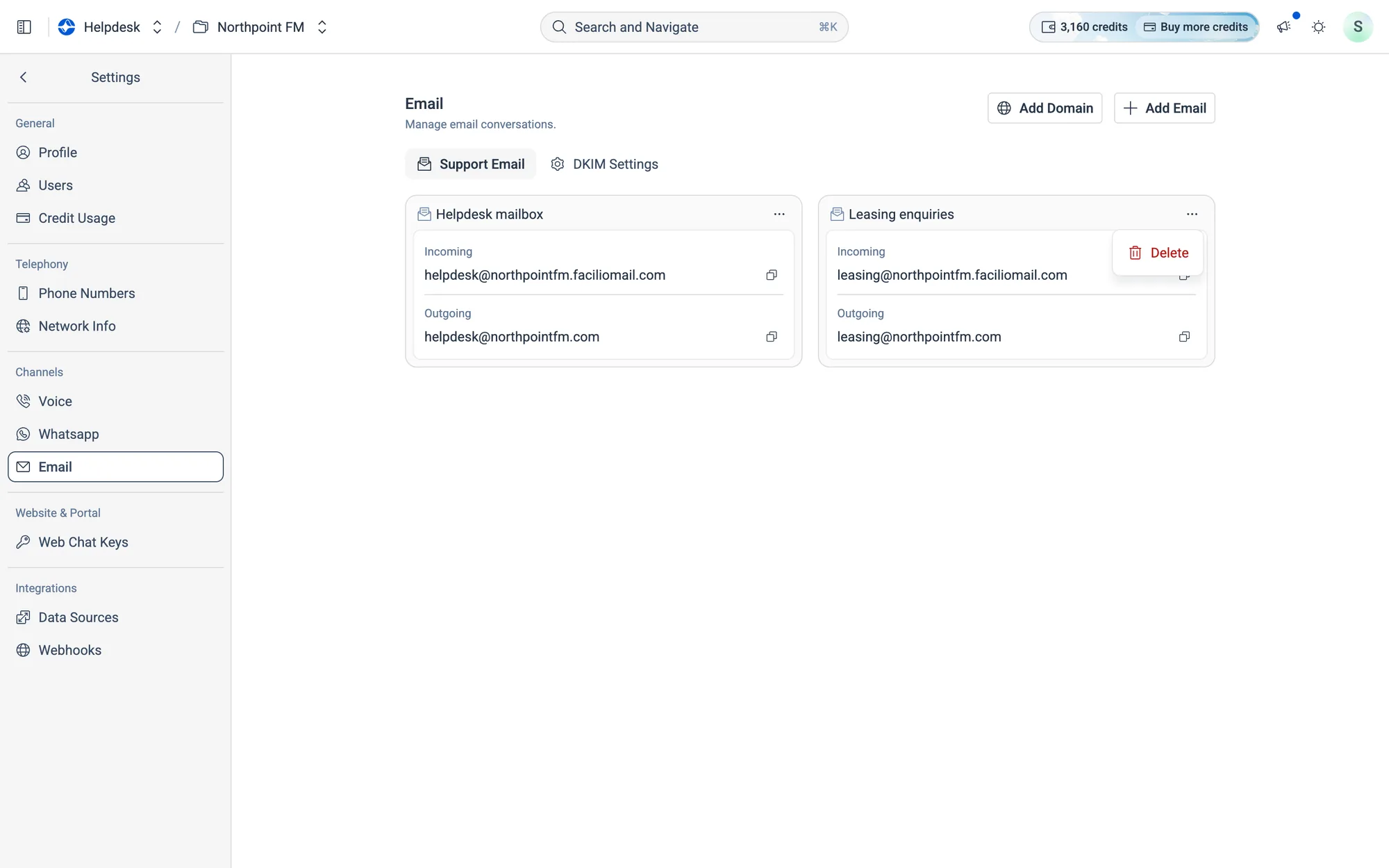 Removing the Leasing enquiries inbox.