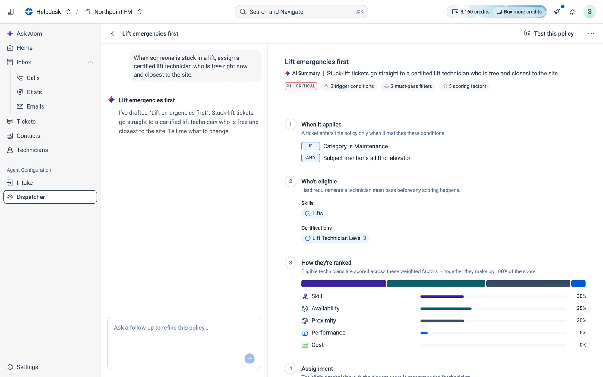 The finished policy: Atom's summary at the top, then the four stages every ticket goes through.