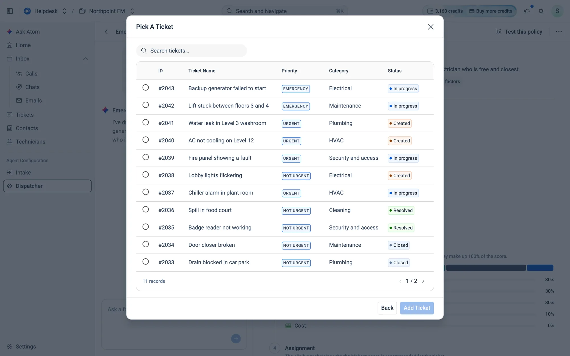 Pick a Ticket: search or scroll, then select one.
