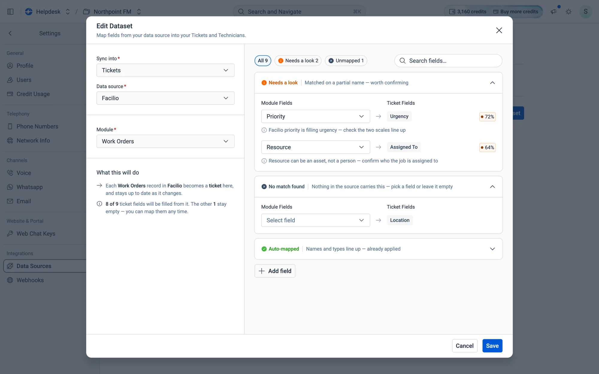 Priority was matched to Urgency (72%) and Resource to Assigned To (64%).