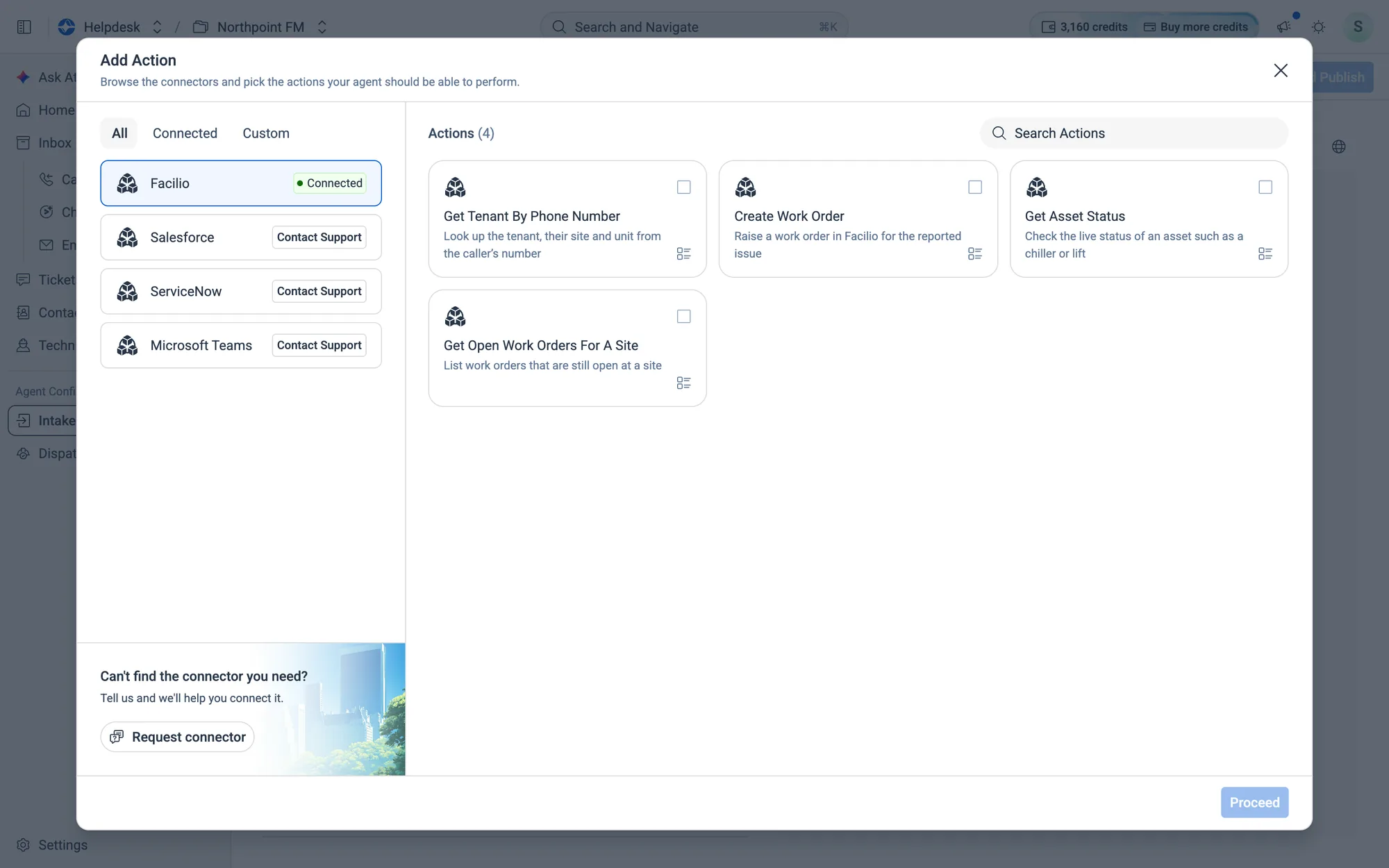 Facilio is connected, and its actions are listed on the right.