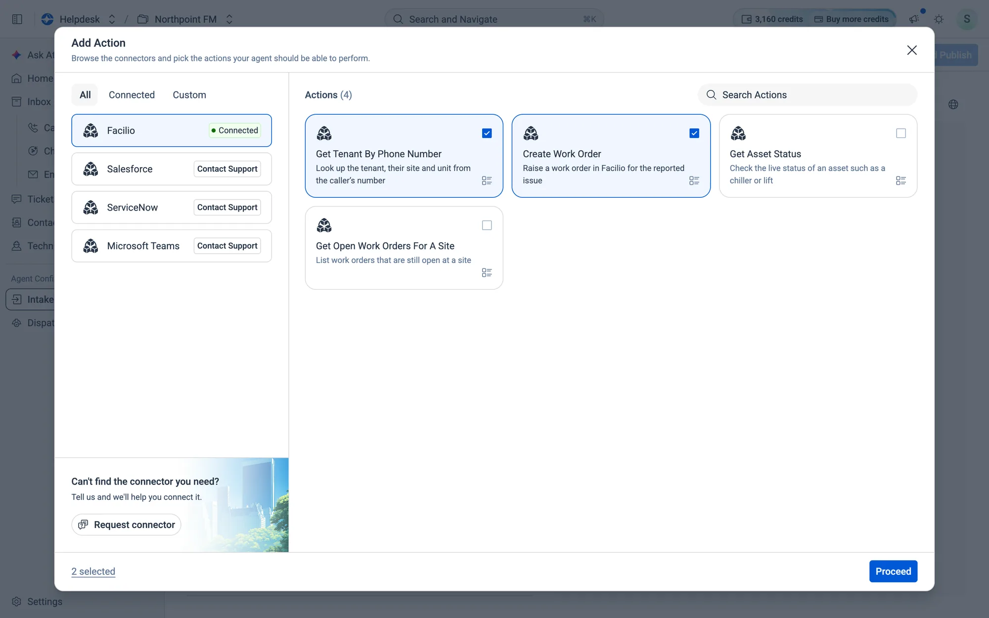 Two actions selected: Get Tenant By Phone Number and Create Work Order.