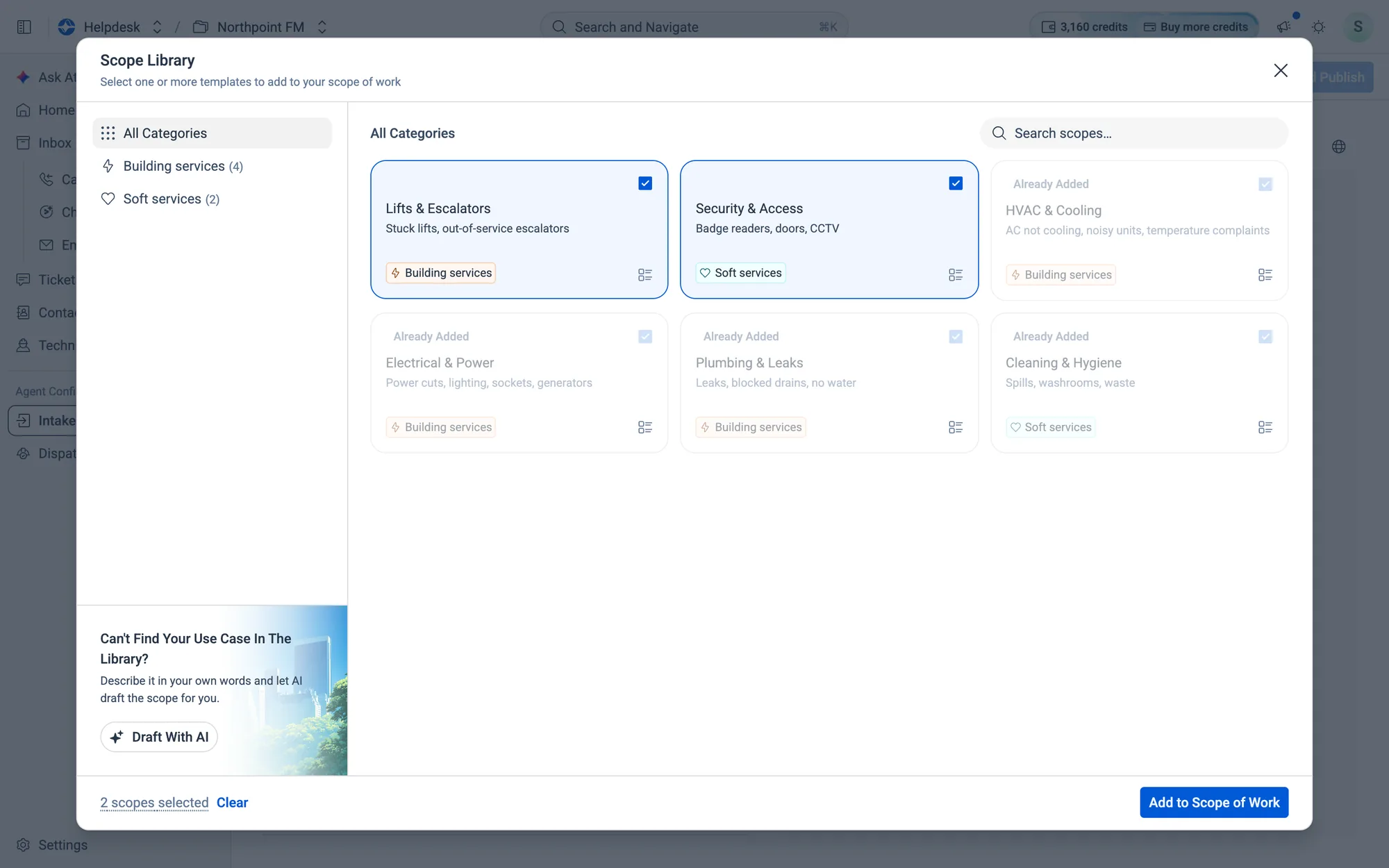 Two new templates selected: Lifts & Escalators and Security & Access.