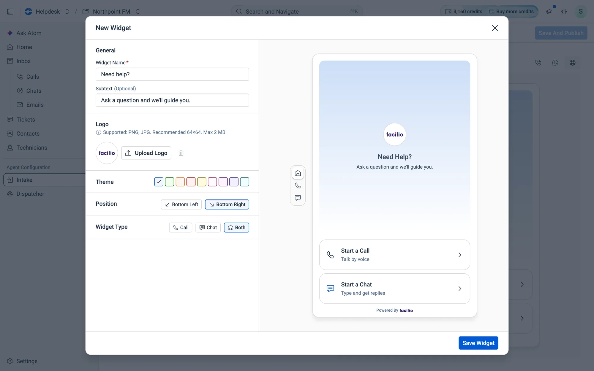 The New Widget builder, with a live preview on the right.