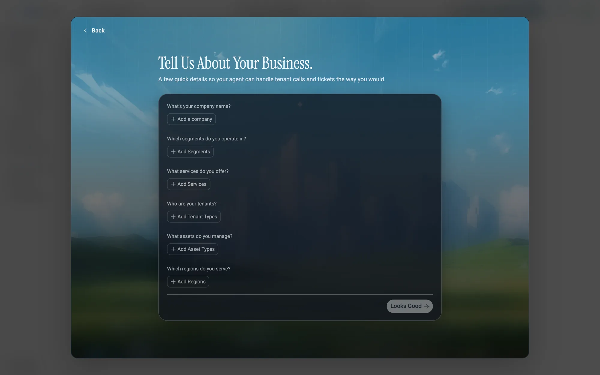 Tell Us About Your Business. Click each Add button to fill in a row.