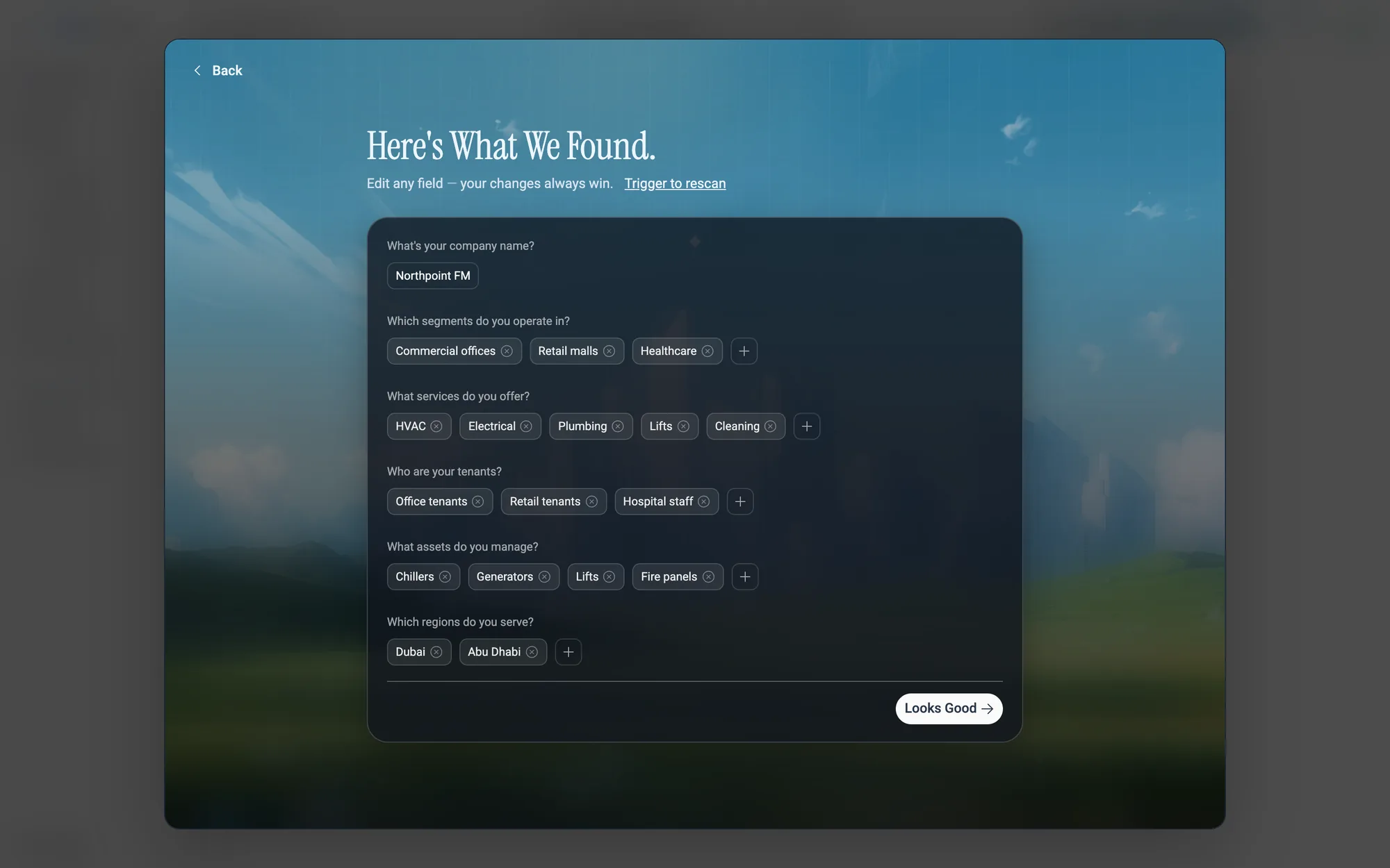 Atom's draft of your business profile. Remove a chip with its ⓧ, or click + to add your own.