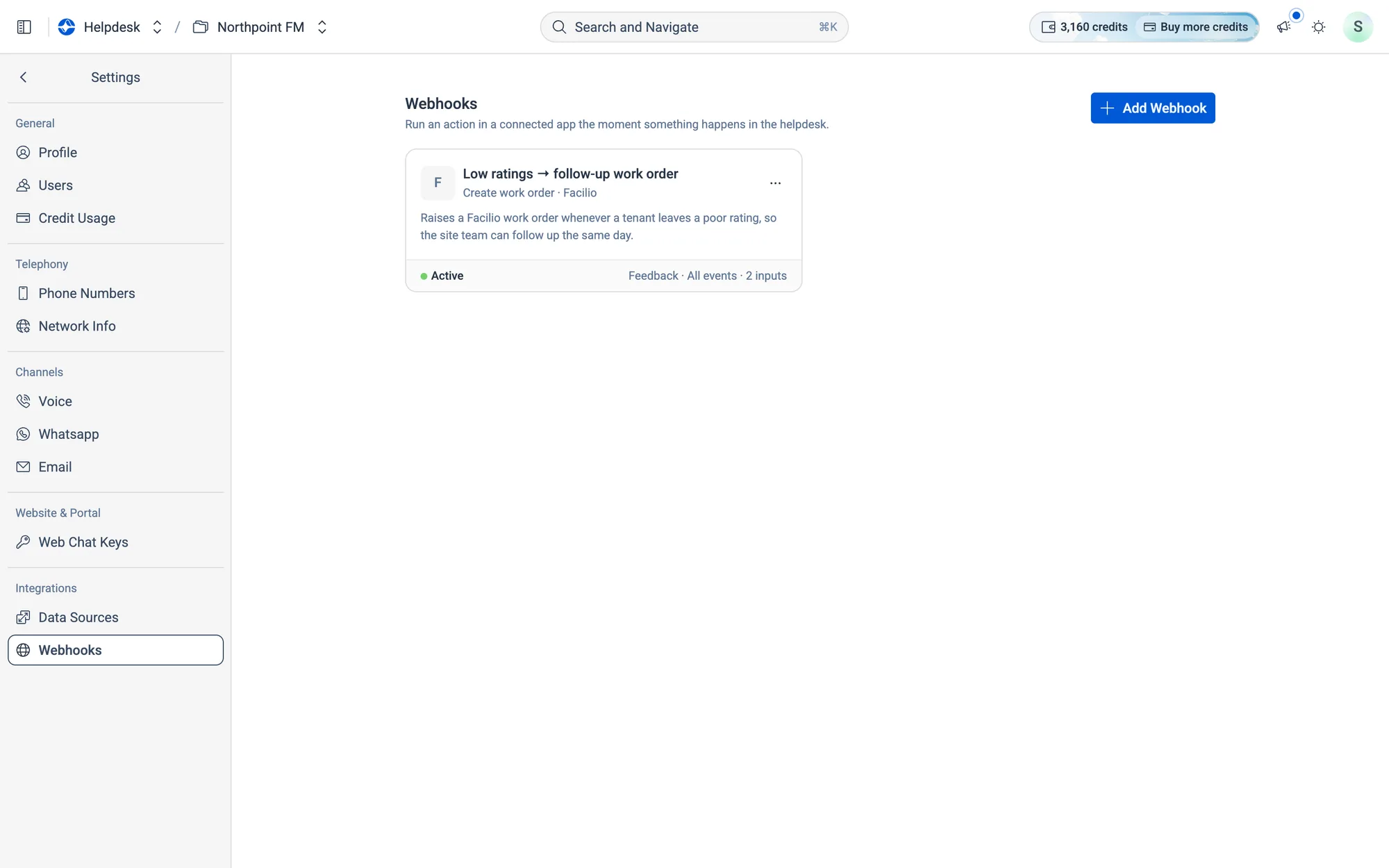 Settings › Webhooks with one webhook already running.