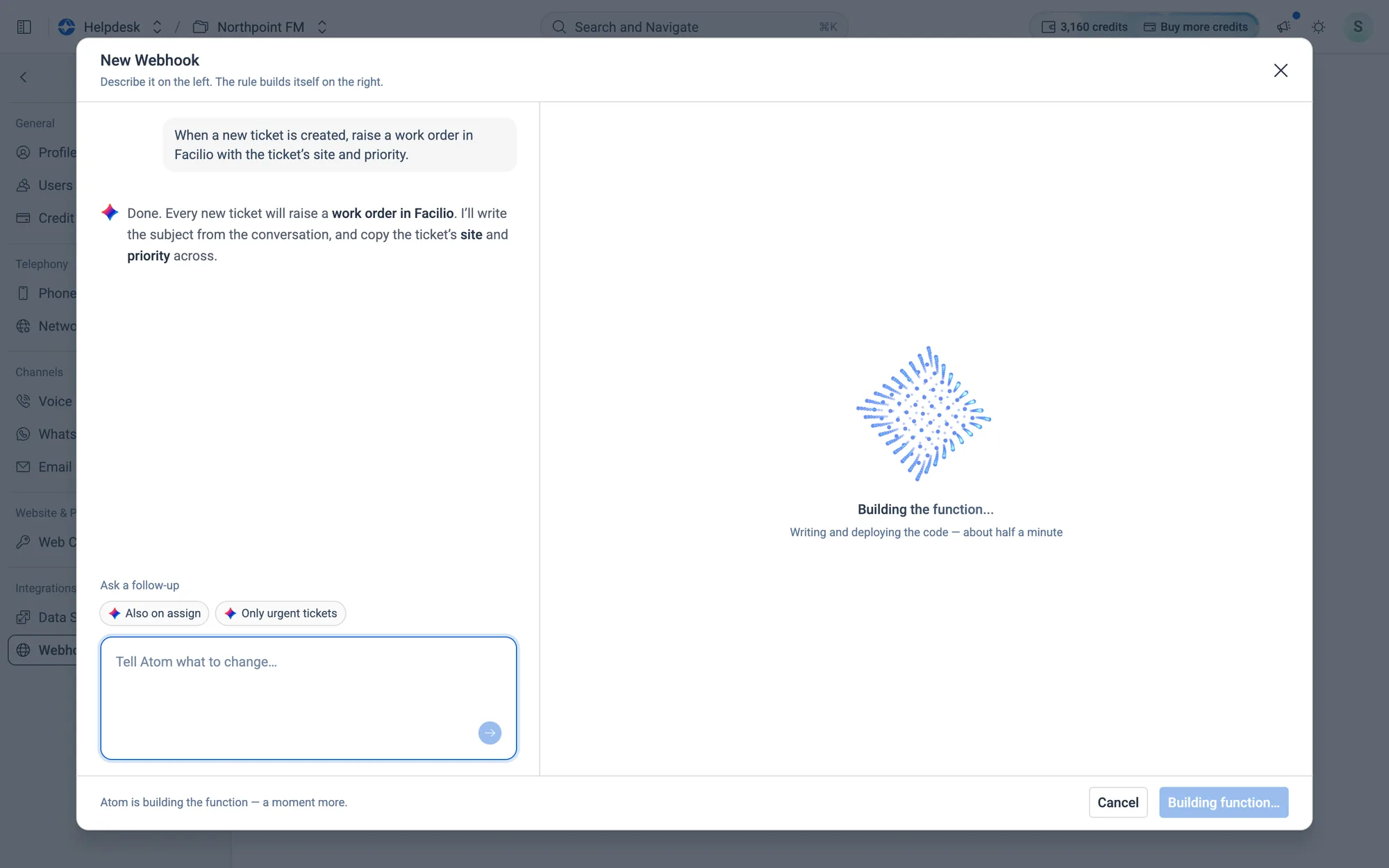 Building the function… The footer says Atom is building it, and the save button waits.