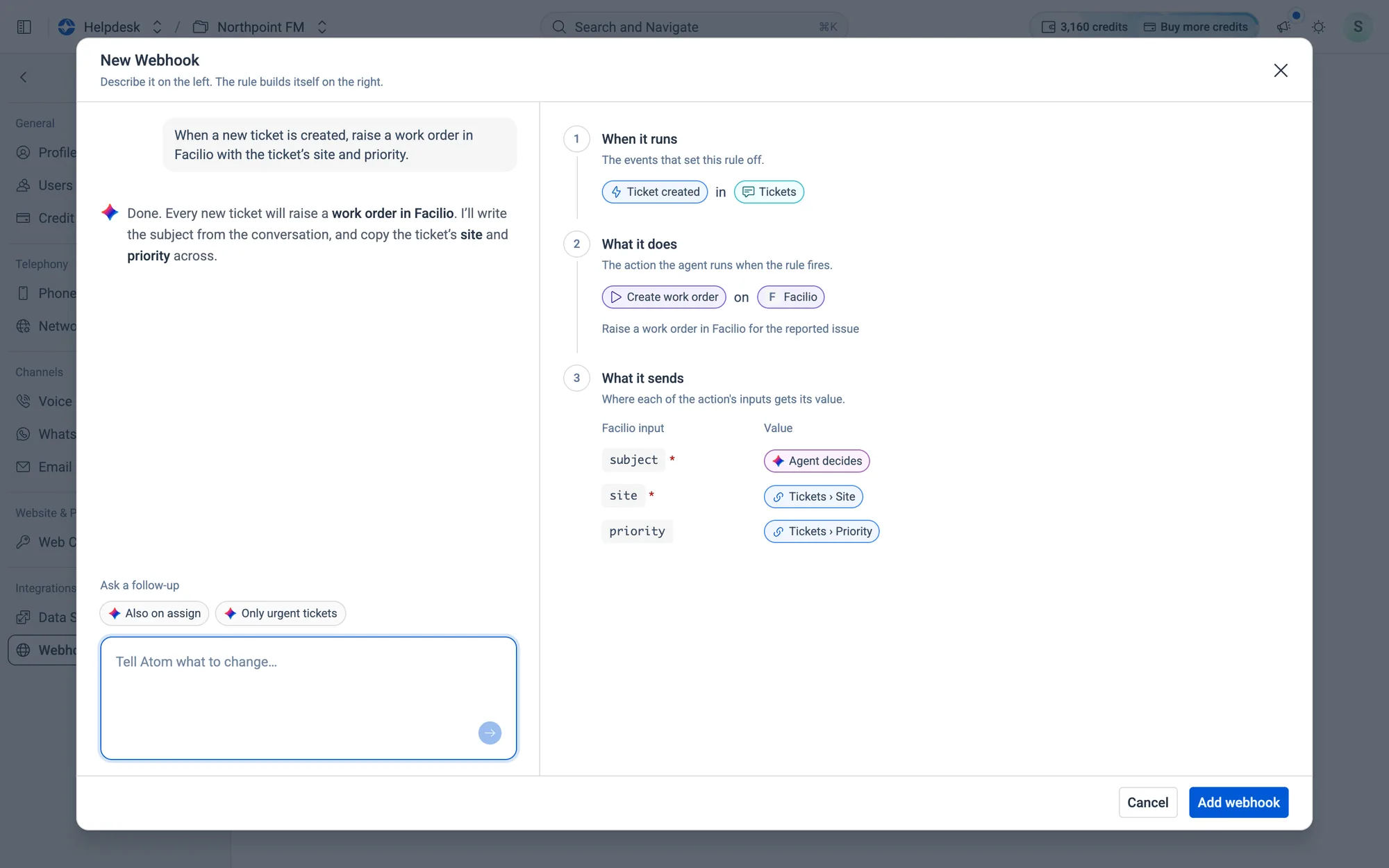 The finished rule: every new ticket raises a Facilio work order with the ticket's site and priority.