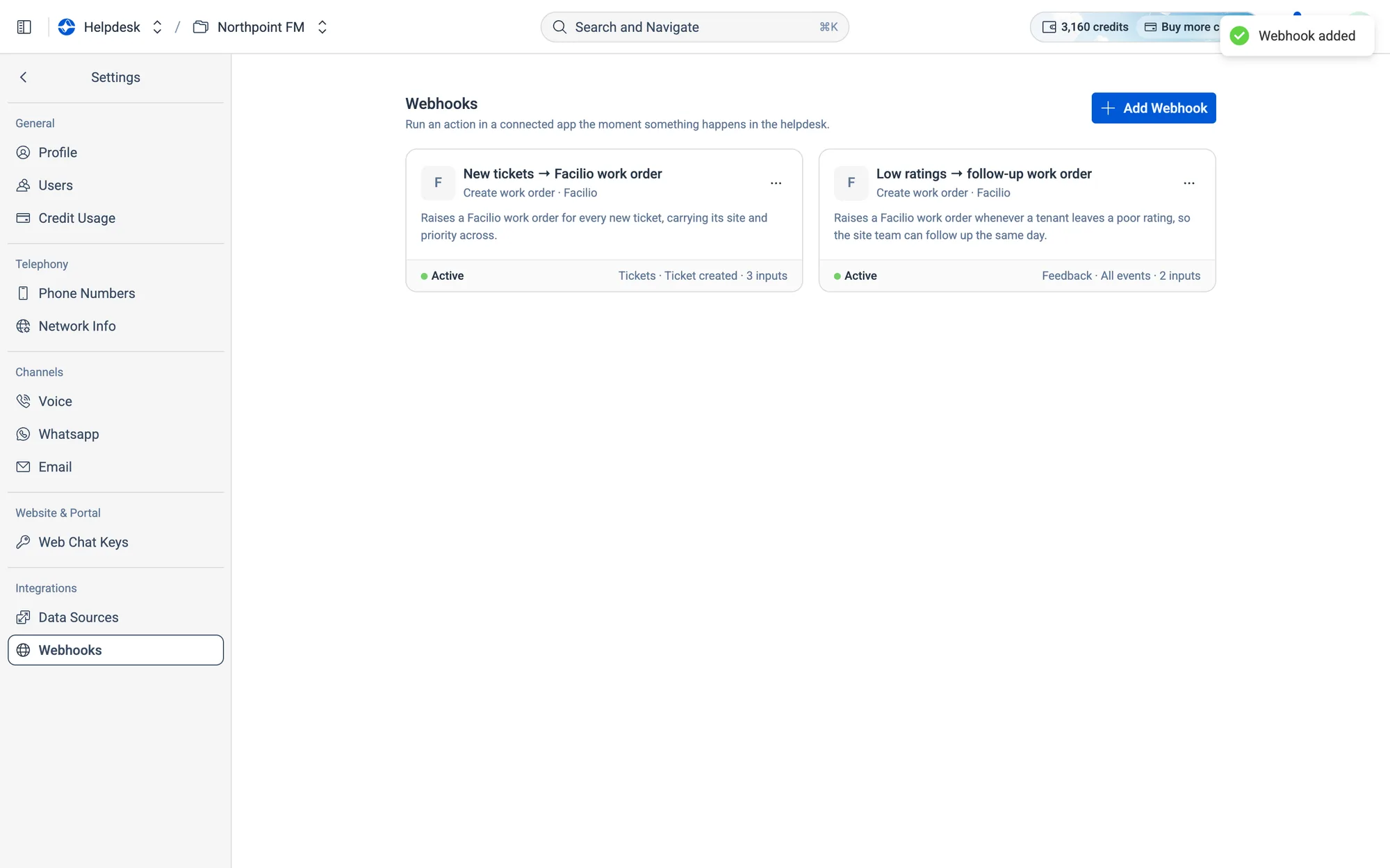 Webhook added. Atom also names the rule and writes a one-line summary for the card.