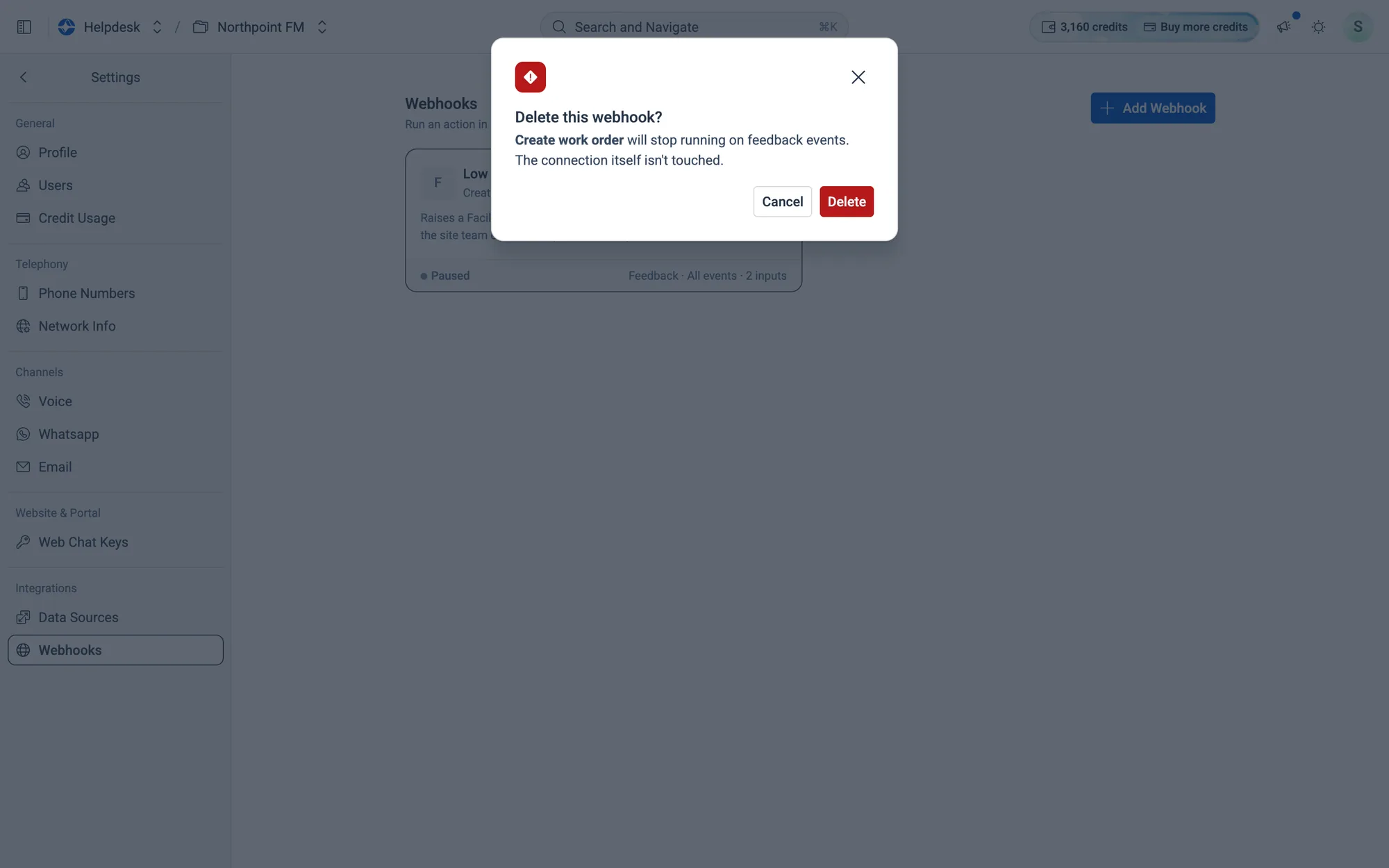 Deleting a webhook can't be undone.