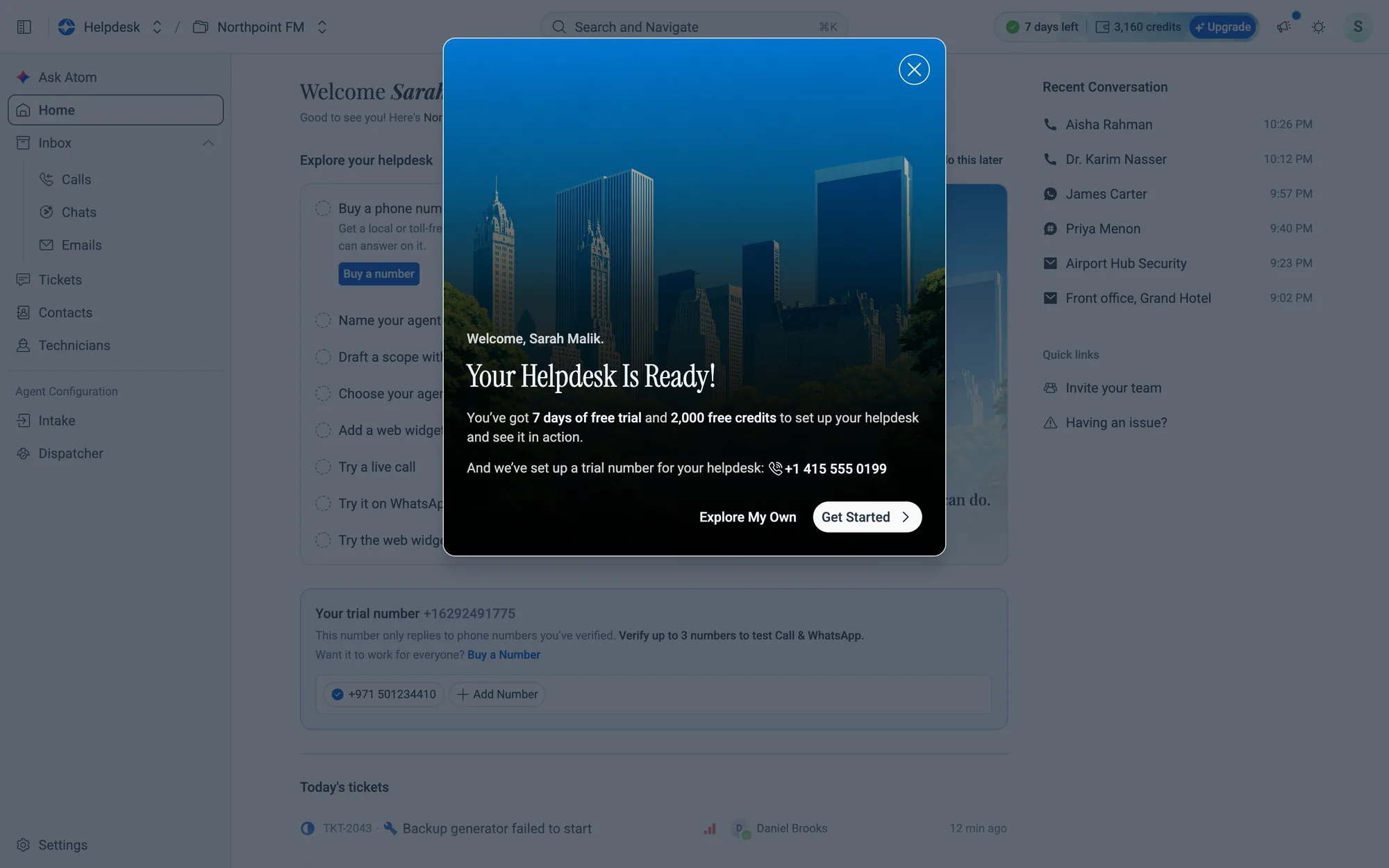 Your Helpdesk Is Ready! with your trial number at the bottom.