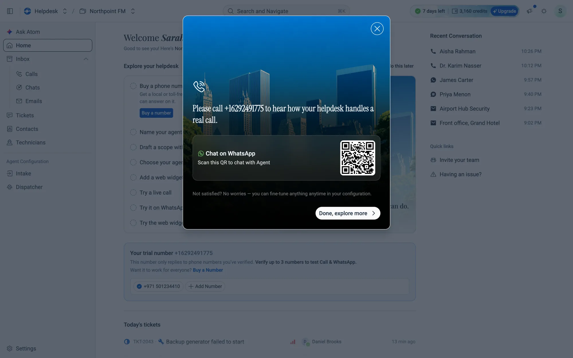Call the number shown, or scan the QR code to chat with your agent on WhatsApp.