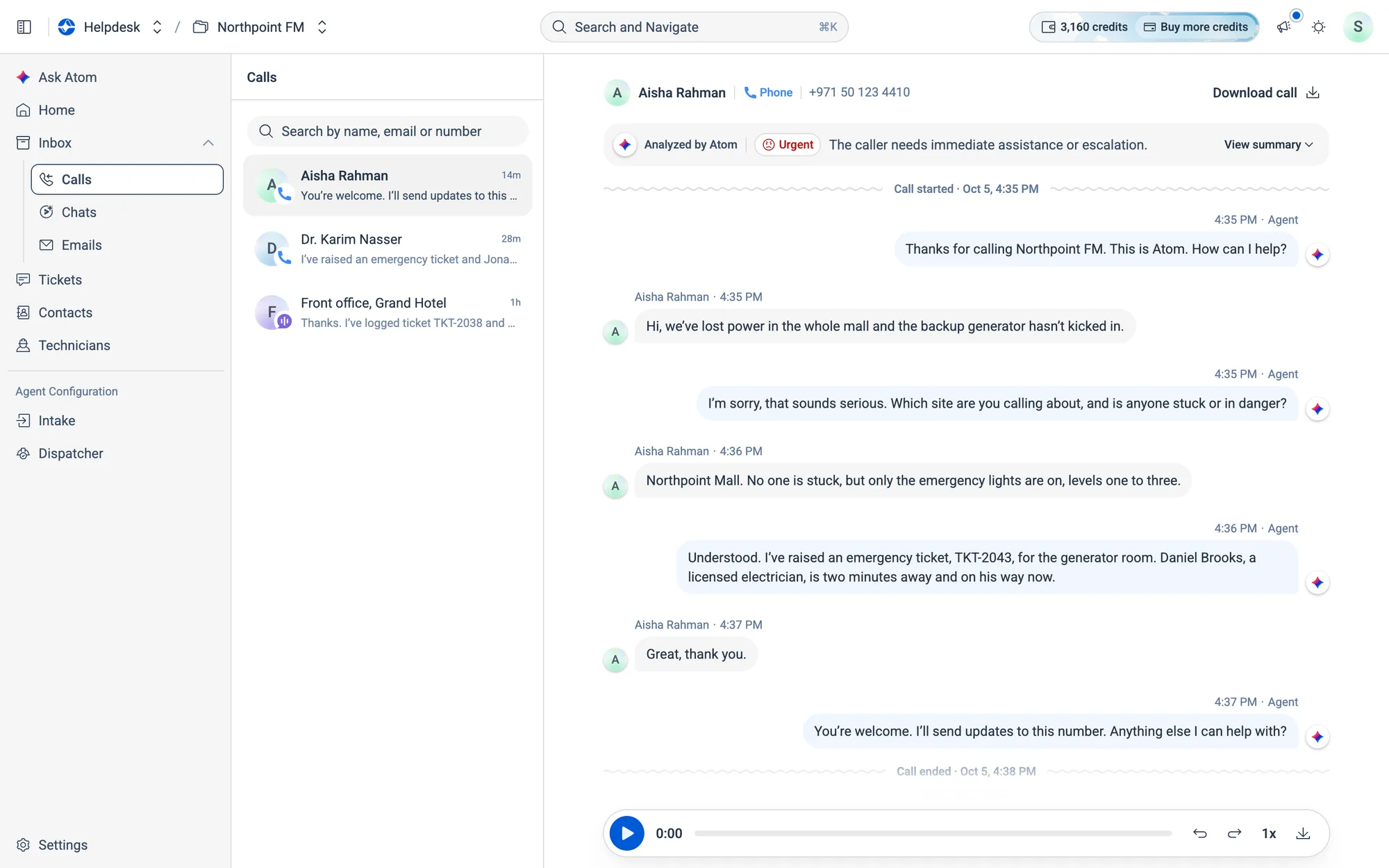 Inbox › Calls: the conversation list on the left and the full call transcript on the right. The recording player sits at the bottom.