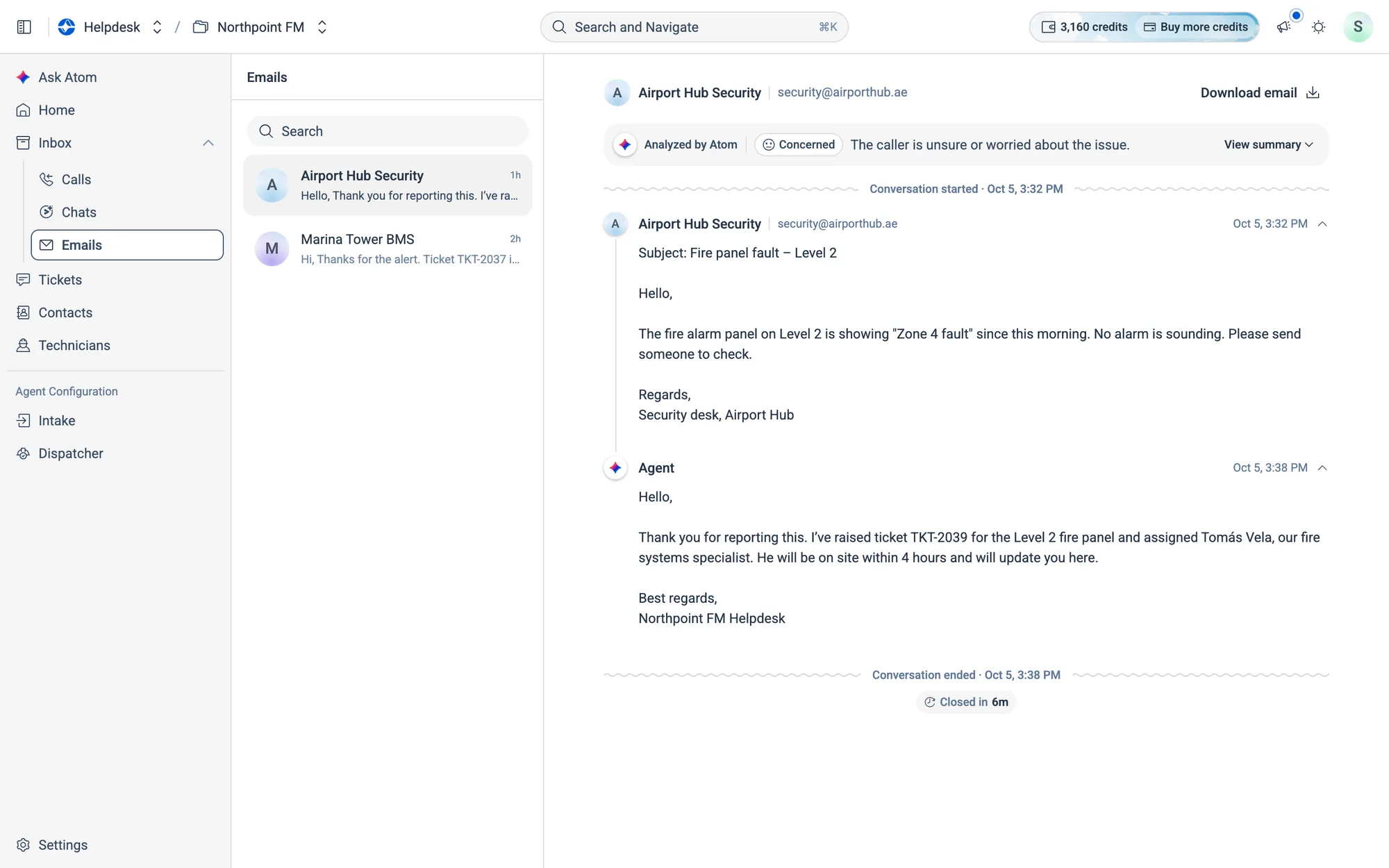 An email thread. The agent replies in your helpdesk's name and confirms the ticket.