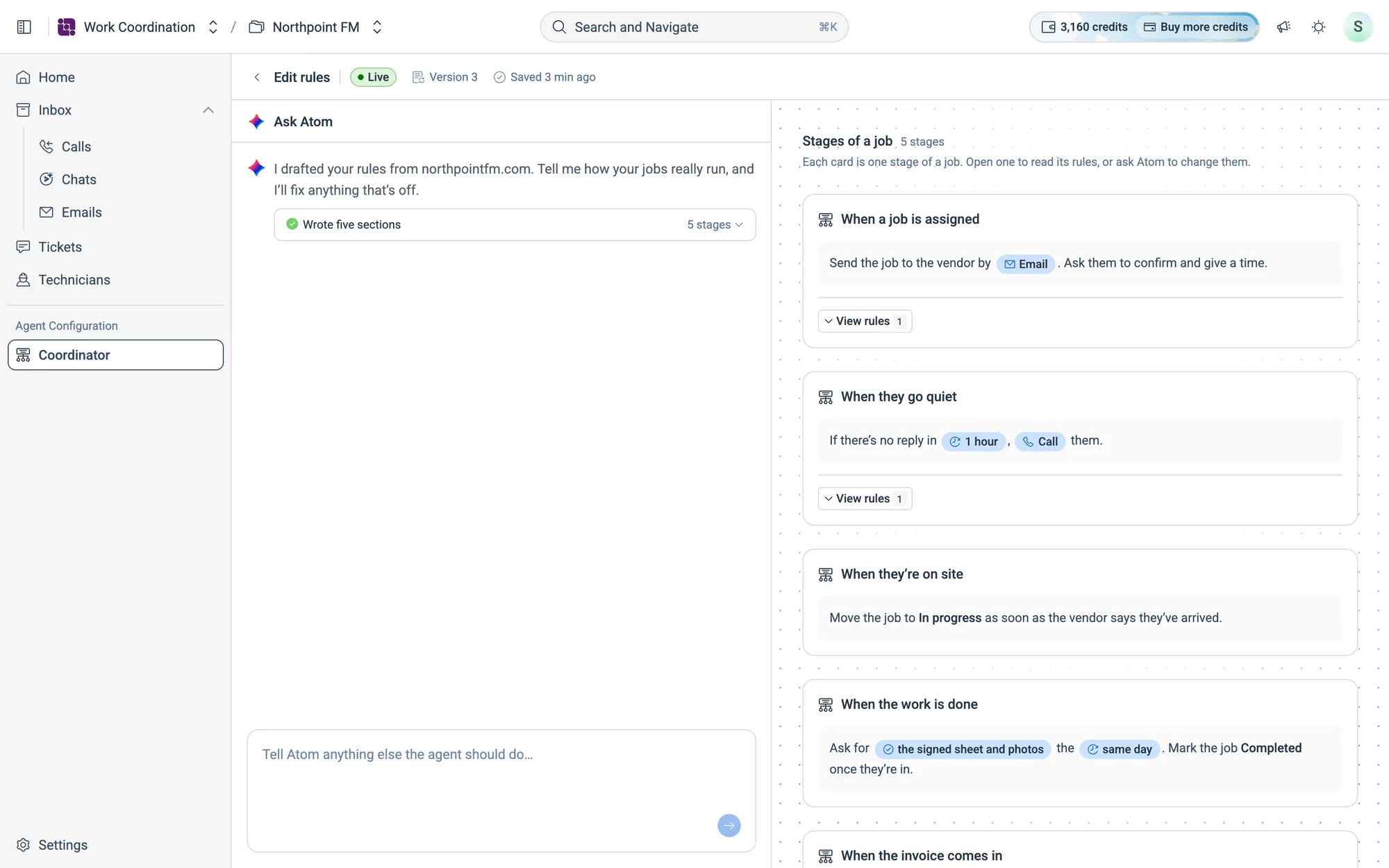 The editor: Ask Atom on the left, Stages of a job on the right.