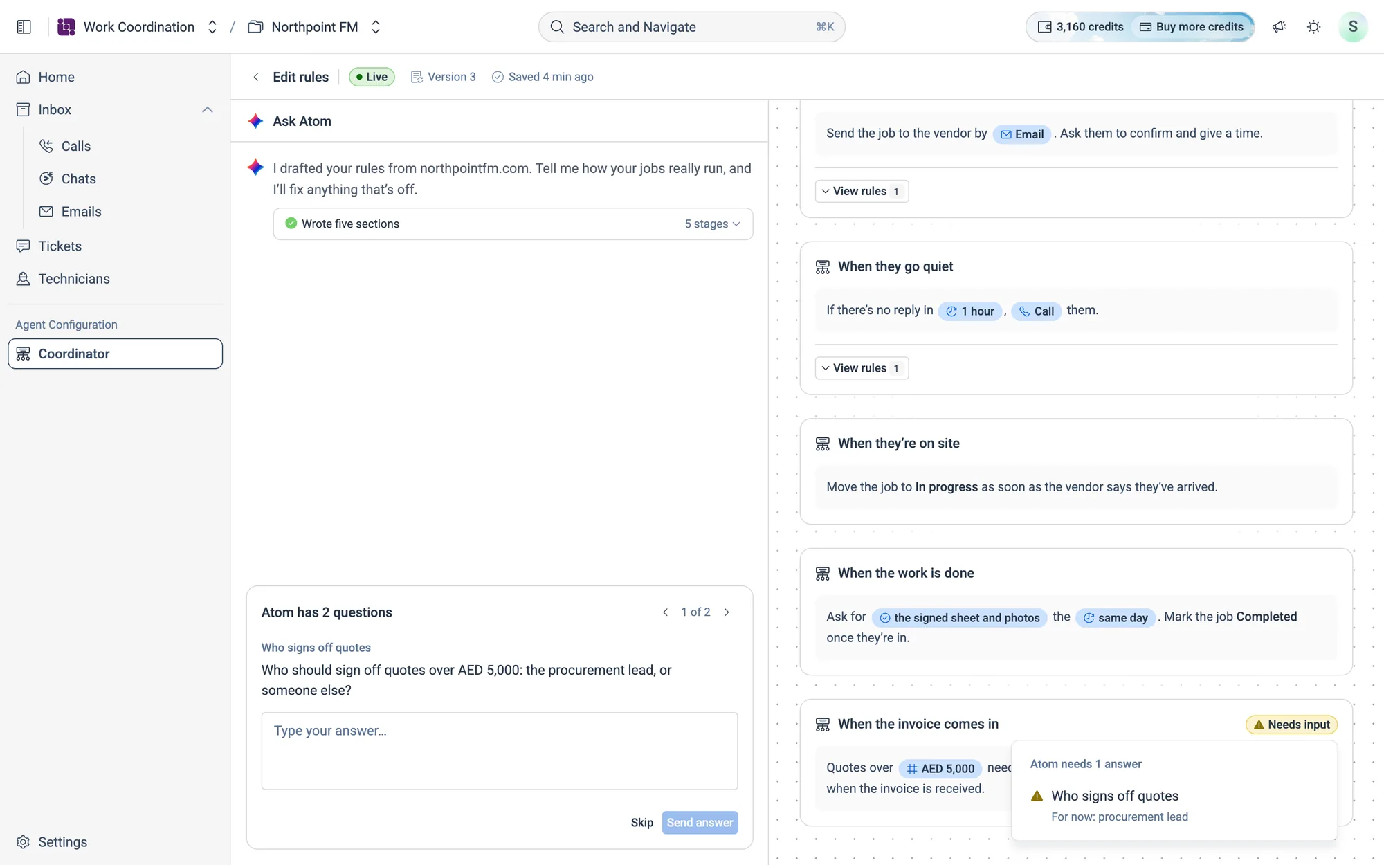 Atom needs 1 answer: Who signs off quotes, for now procurement lead.