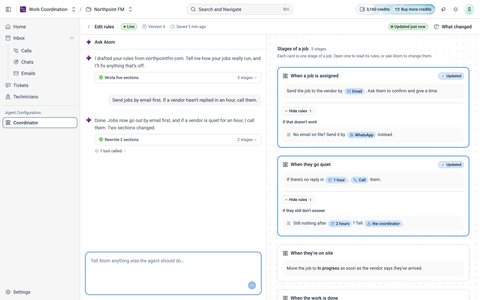Atom rewrote When a job is assigned and When they go quiet. Both are marked Updated.