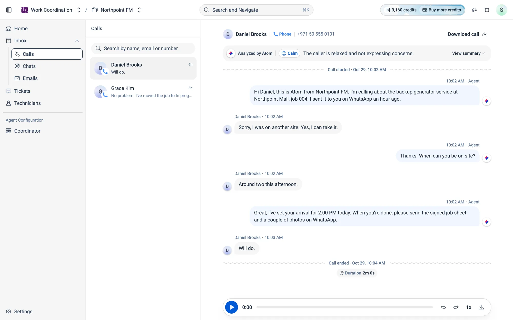Inbox › Calls: Atom's chase call to Daniel Brooks about the generator job. The recording player sits at the bottom.