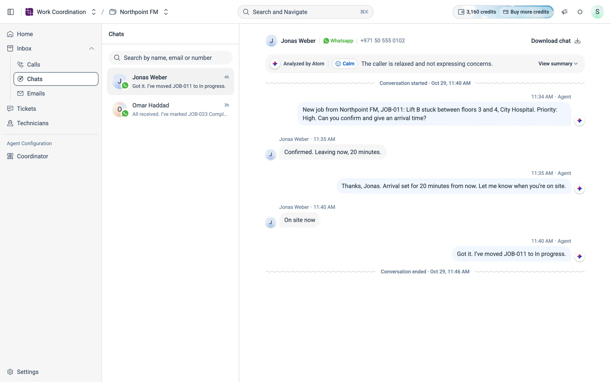 A WhatsApp chat with Jonas Weber: the job sent out, his confirmation, and Atom moving the job to In progress when he arrives.