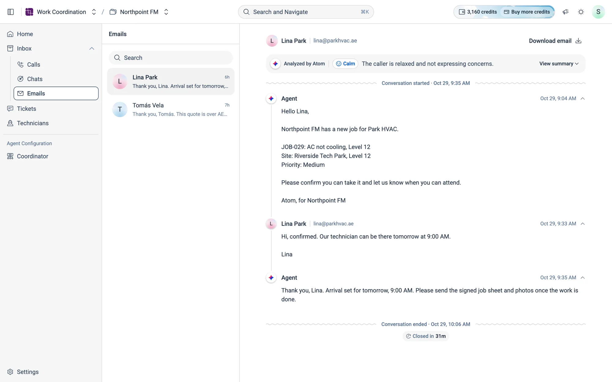 An email thread with Park HVAC: the job sent by email, and Lina's reply with an arrival time.