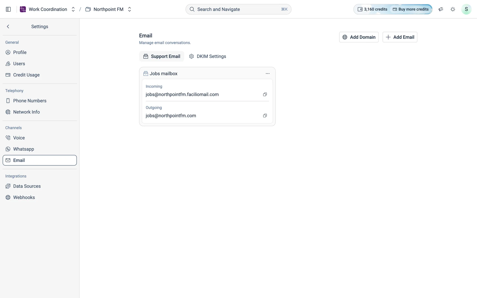 Jobs mailbox: replies come in on the Incoming address, and jobs go out from the Outgoing one.