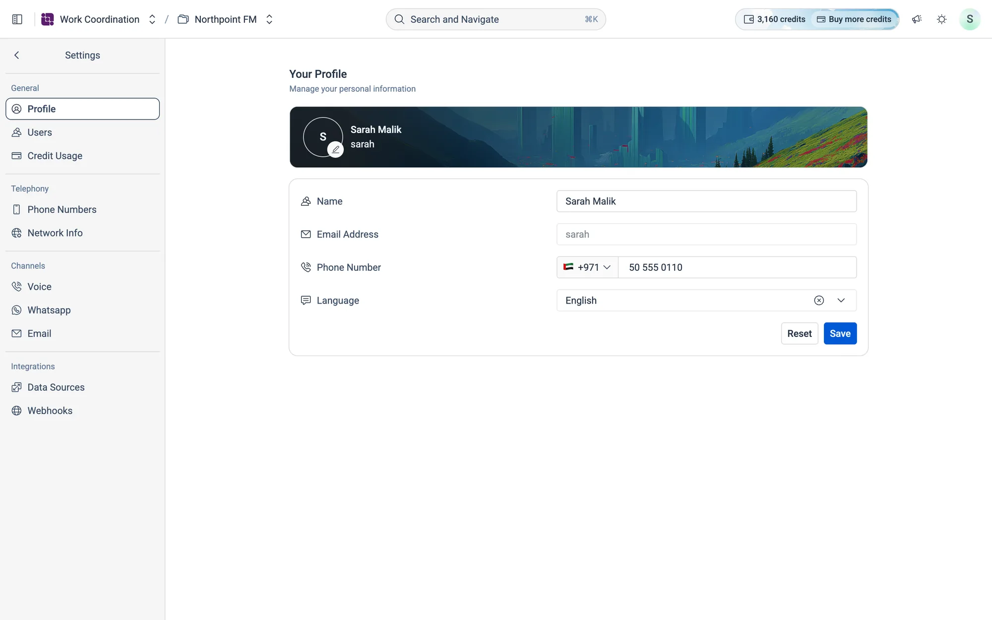 Your Profile: Name, Email Address, Phone Number and Language.