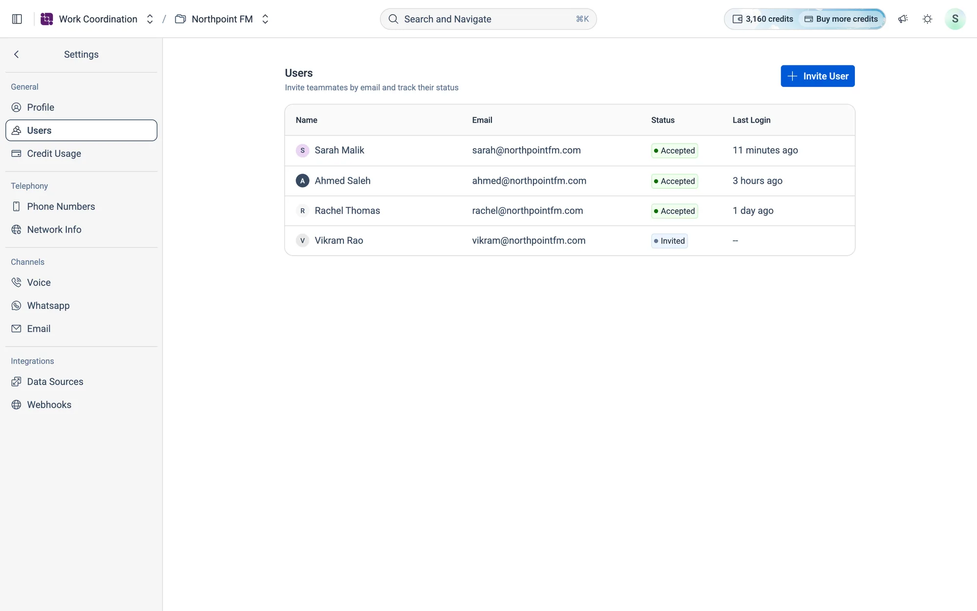 Everyone on your team, with their Status (Accepted or Invited) and Last Login.