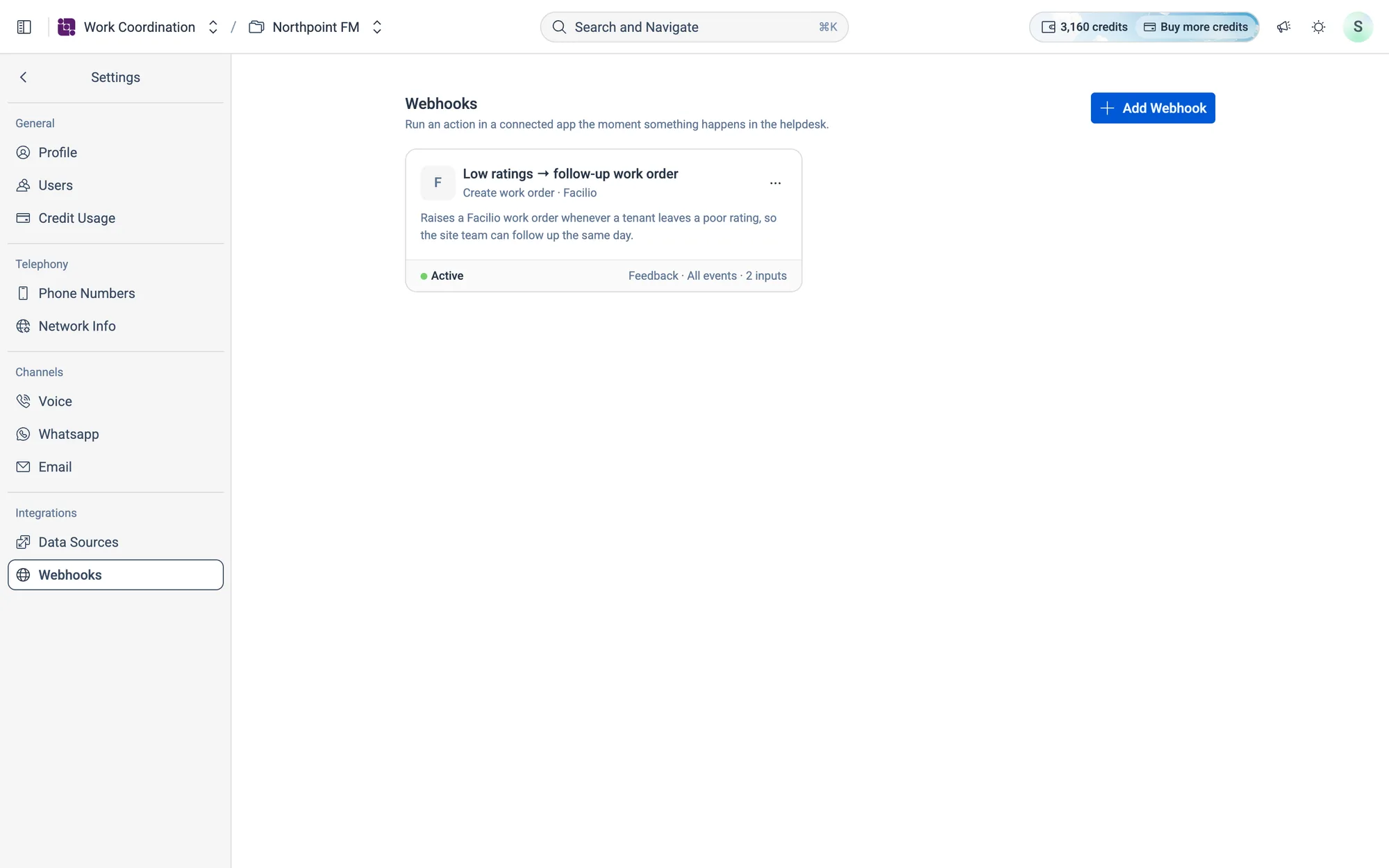 Each webhook is a card that shows its app, its trigger and whether it's Active.