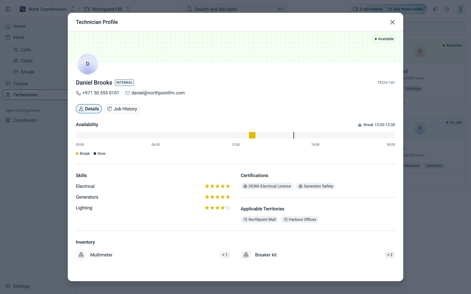 Details: today's availability, star-rated skills, certifications, territories and inventory.