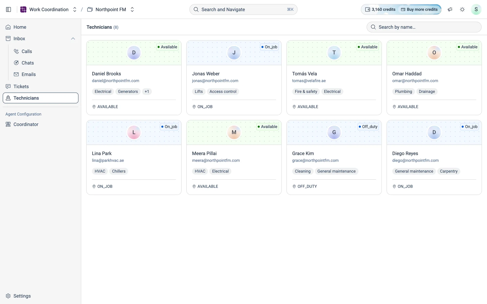 Each card shows the technician's live status, email and top skills.