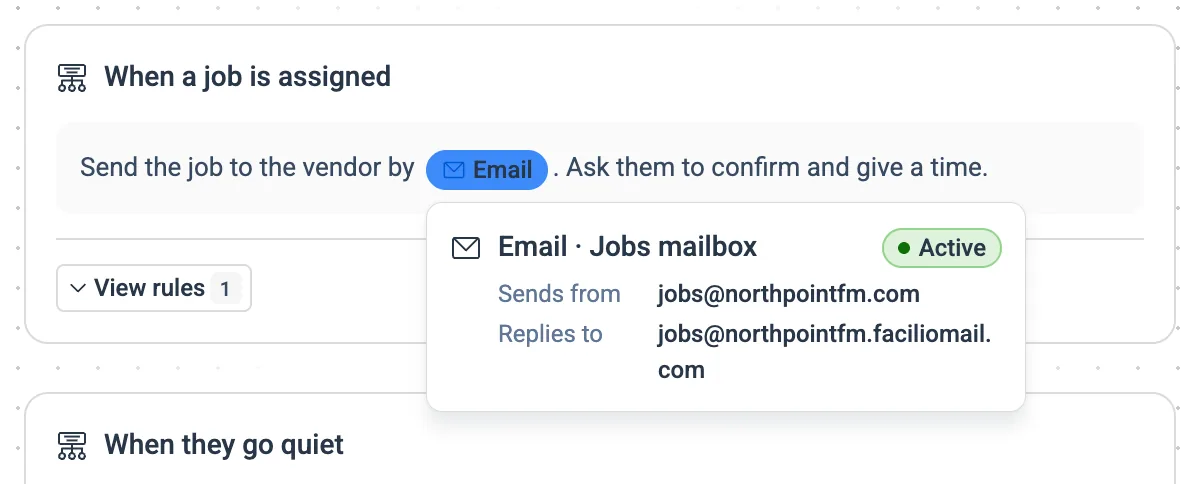 Email · Jobs mailbox: the address the Coordinator sends from, the address replies go to, and whether it's Active.