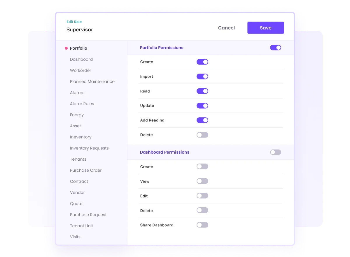 Customize access levels for actions, reports, and more for every persona--at a site or portfolio level 