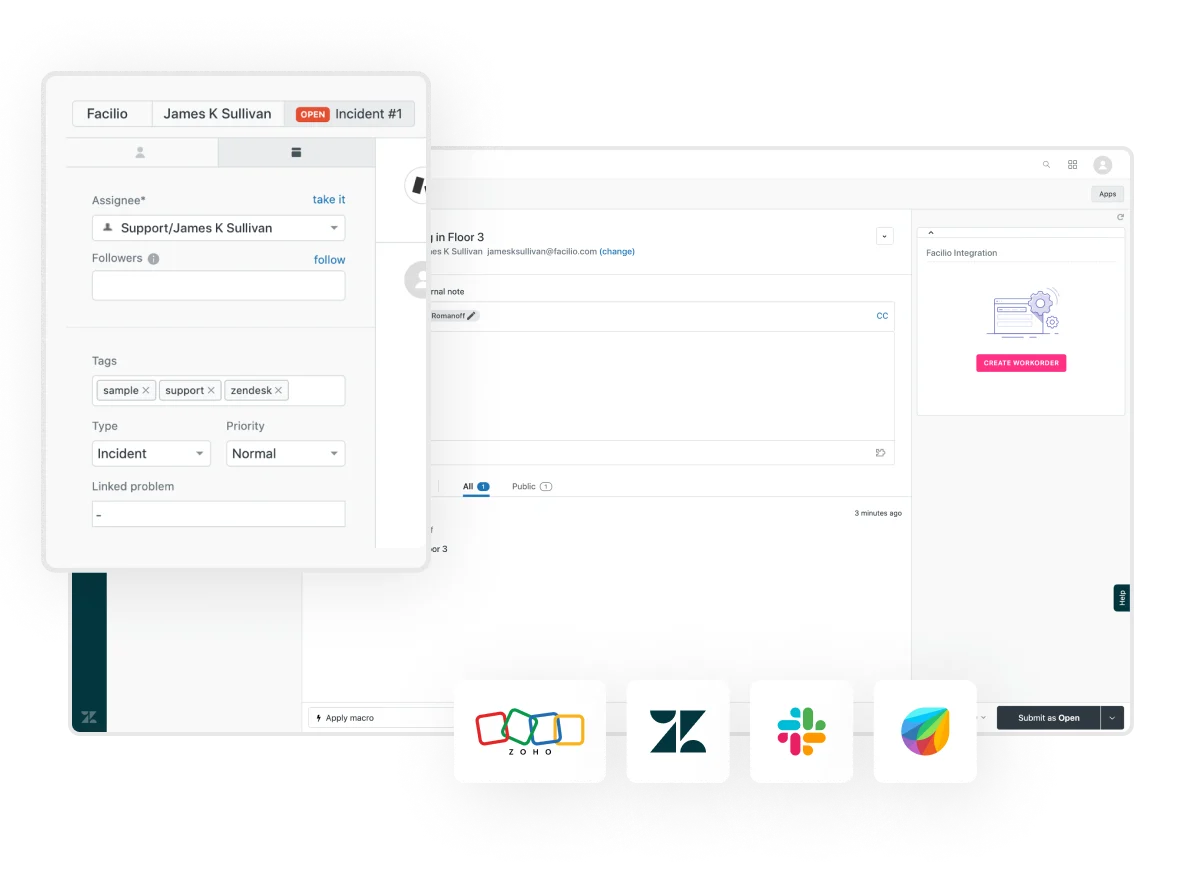 Integrate Facilio with apps like Slack, Zendesk, Freshwork and Zoho to enhance collaboration and visibilty 