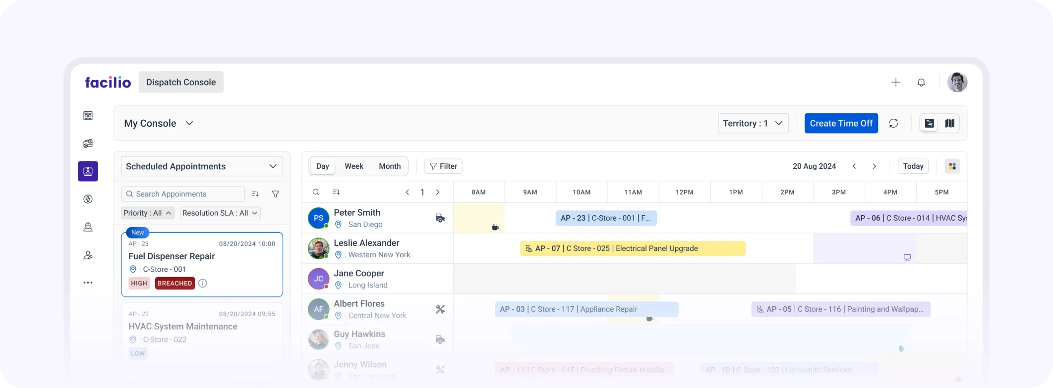 Field Service Management software dashboard showing real-time job status, technician locations, and optimized task scheduling.