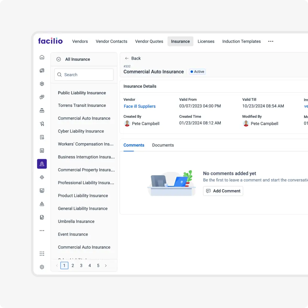 Facilio’s vendor insurance tracking module with automated compliance updates and document management