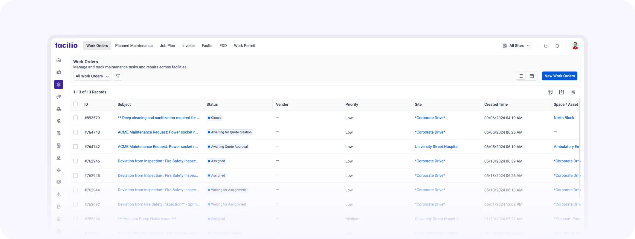 An image of Facilio’s work order management module, showcasing tasks, statuses, priority levels, and site locations to streamline maintenance management.