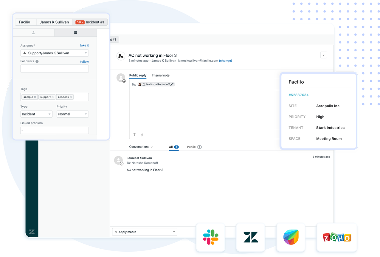 Integrate Facilio with apps like Slack, Zendesk, Freshwork and Zoho to enhance collaboration and visibilty 