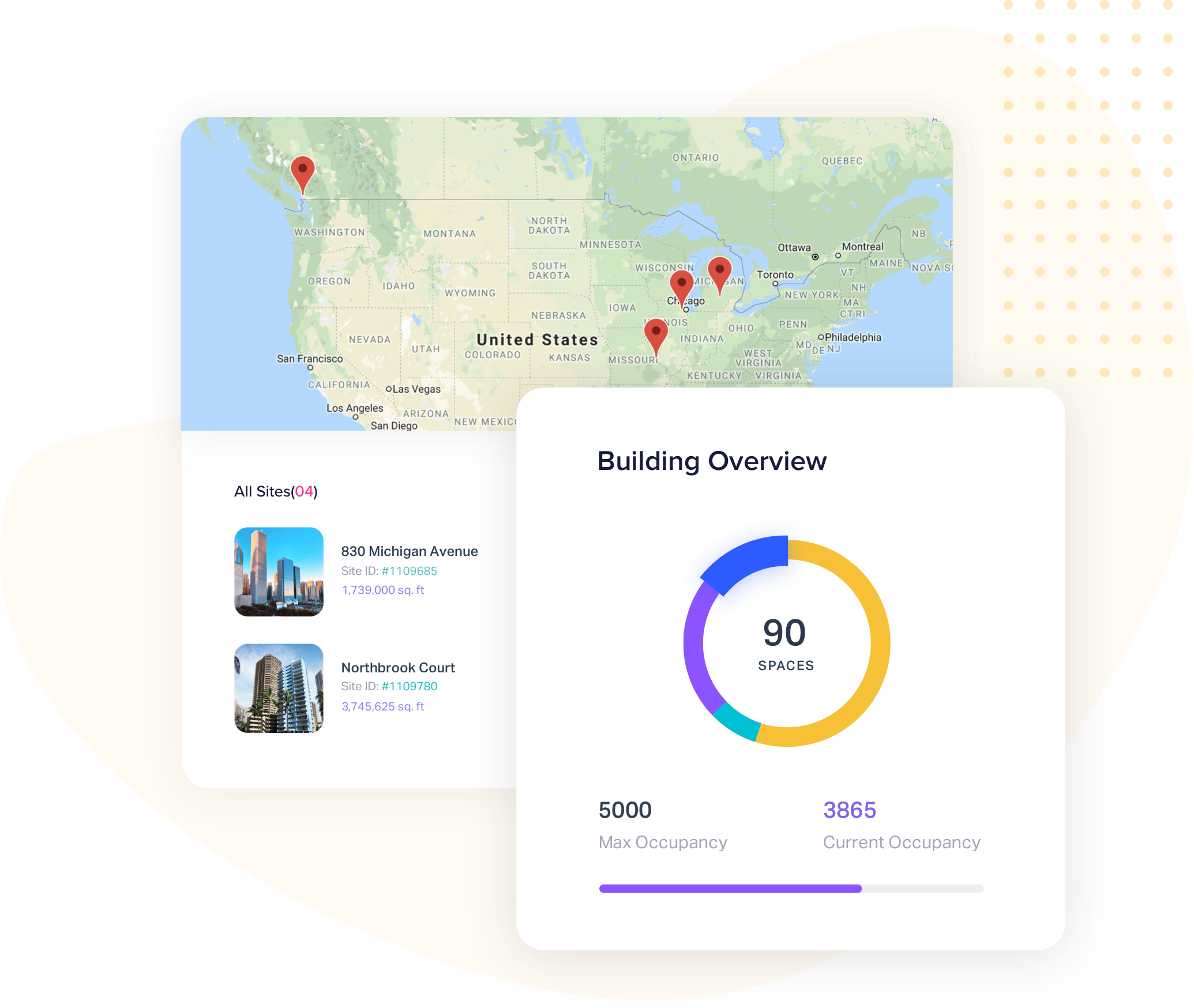 Get an overview of all the buildings in your portfolio and dive into data like current occupany and max capacity across X spaces in a buildng