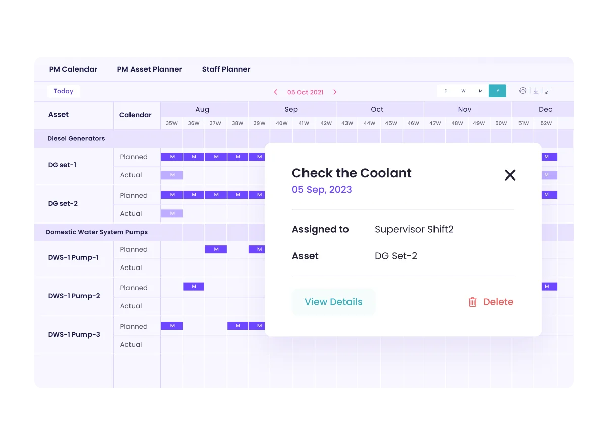 Automate planned preventive maintenance tasks based on calendar schedules to track planned and actual activities for maintenance tasks, asset planning, and resource allocation 