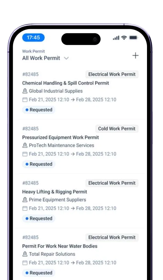 Work permit screen showing requested permits with status and details