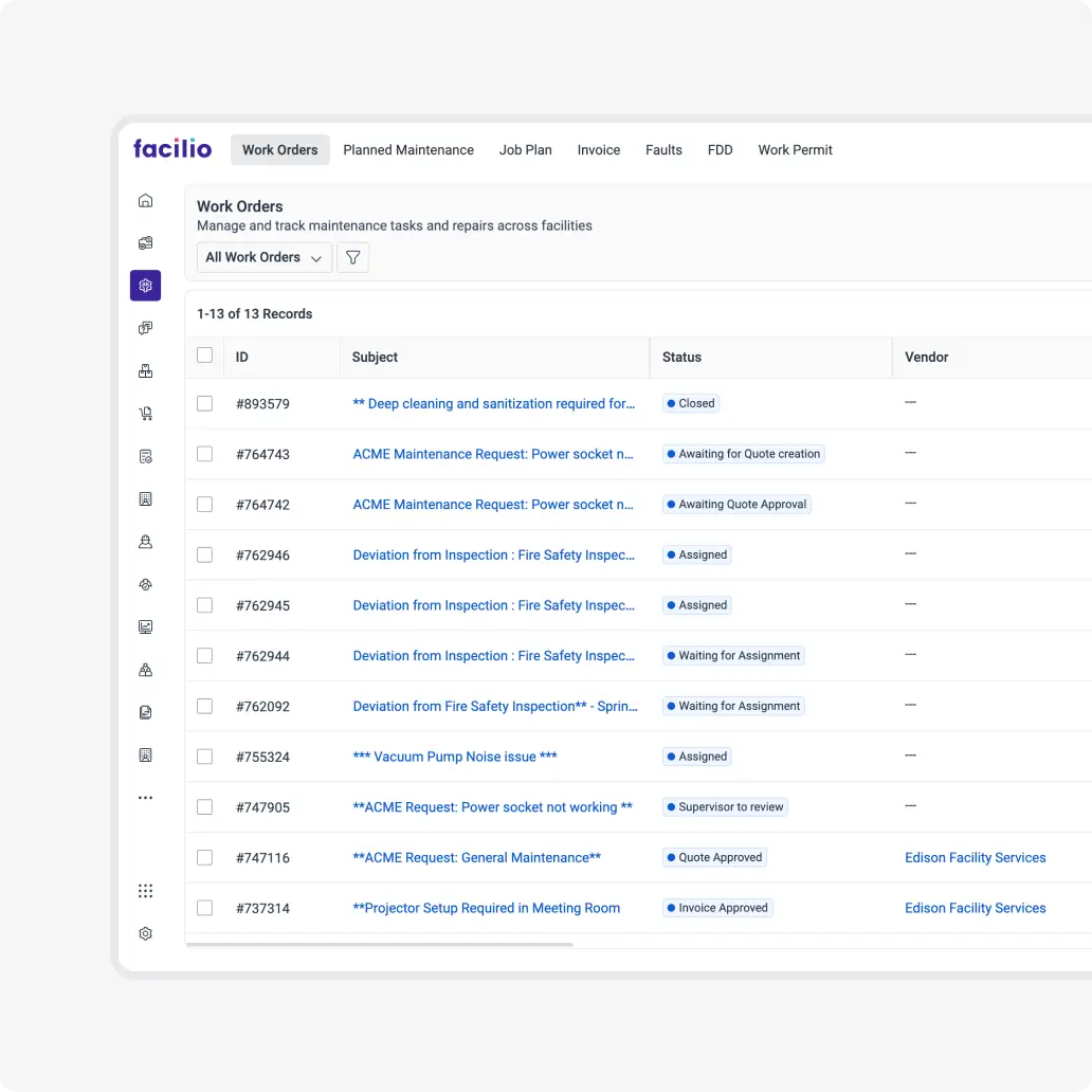 Facilio dashboard showing a service catalog for streamlined spare parts inventory management within a work order platform, enhancing technician access to essential parts and tools.